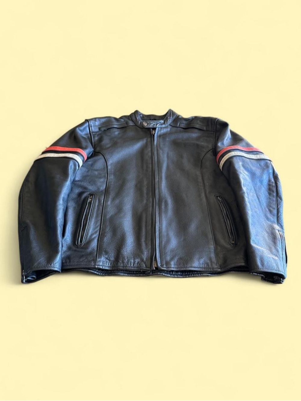 Vintage UNIK Racing Stripe Leather Motorcycle Jacket Black Men’s XL